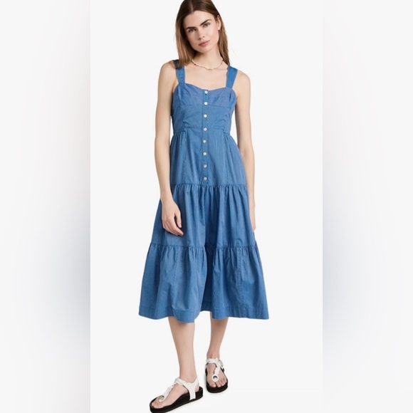Madewell Dresses & Skirts - Madewell Button Front tiered Blue and White striped Midi Dress Women’s Size 8